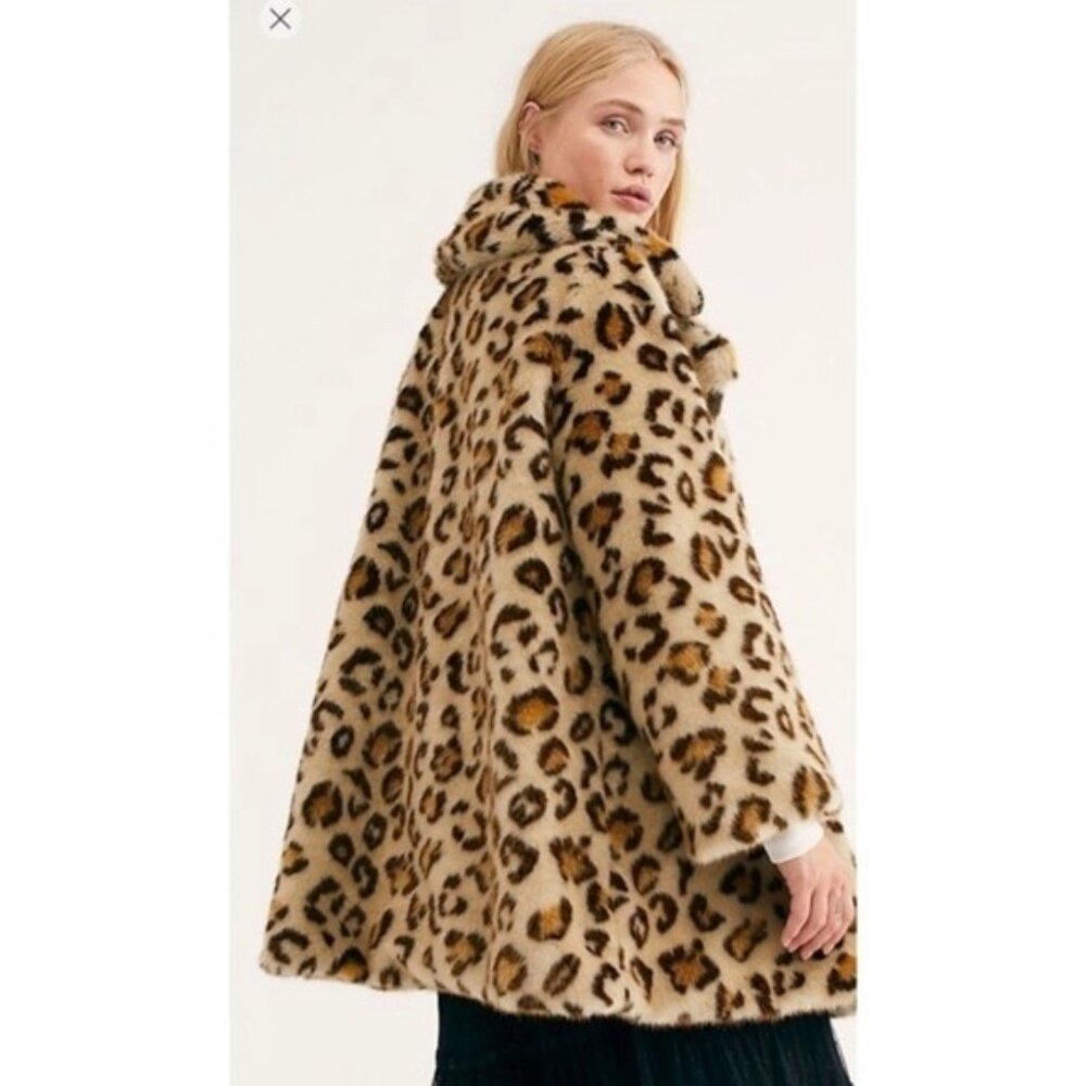 NWT Free People Sienna Leopard Faux Fur Double-Breasted Short Peacoat Jacket XS - Picture 2 of 7